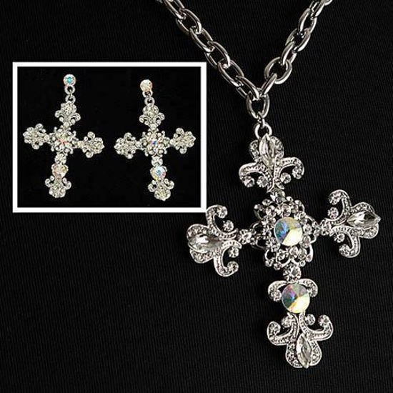 Picture of Fleur de Lis Crystal Cross Necklace and Earrings