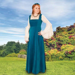 Teal Blue Soft cotton velvet form-flattering medieval overdress with square neckline trimmed in gold, headband is included