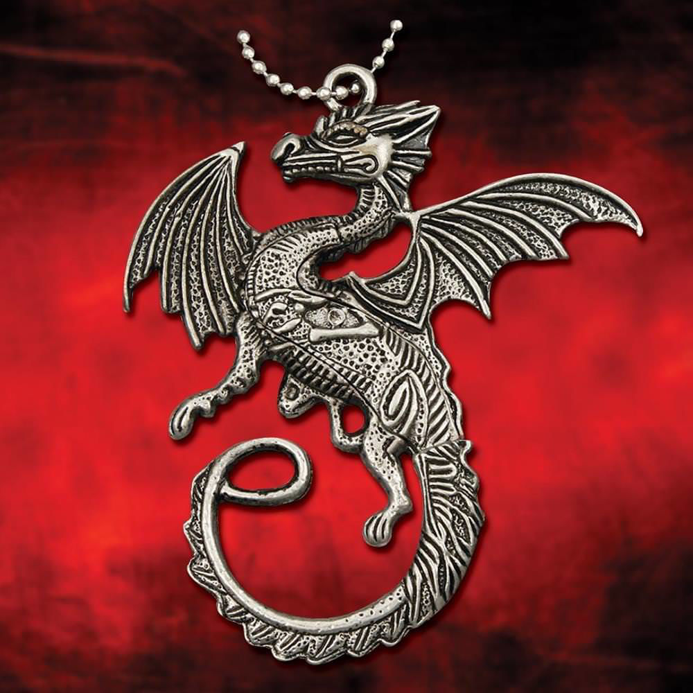 metal Flying Dragon Neck Knife has antique silver finish, amulet has a removable tail that reveals a curved blade