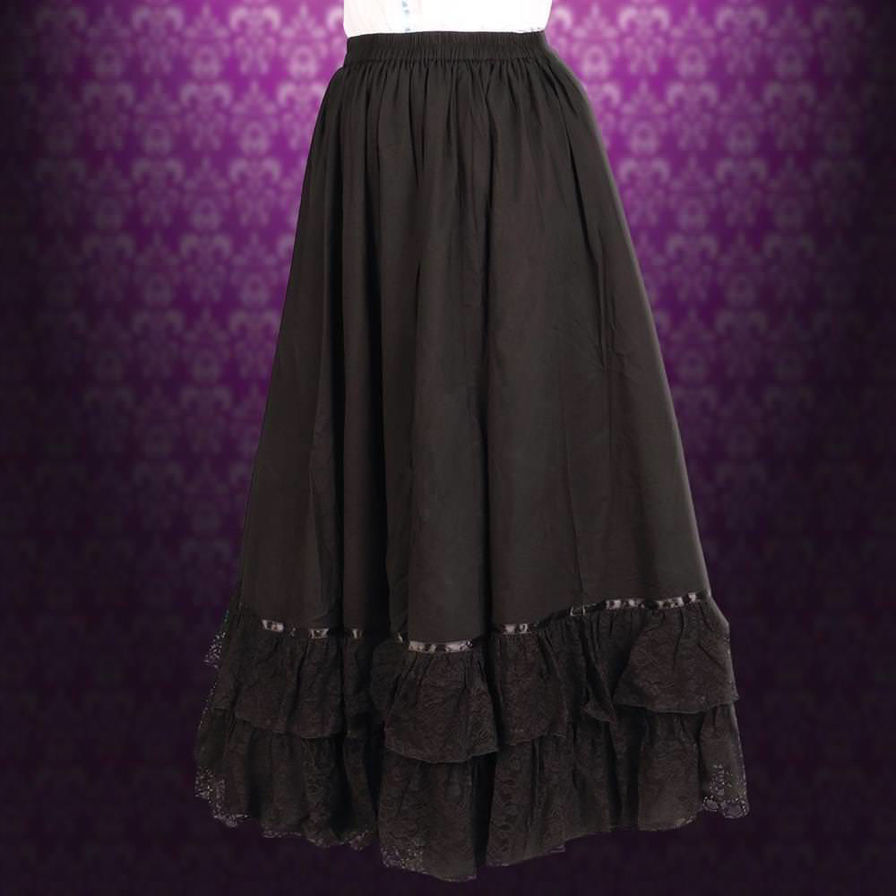 get two in one with this black cotton parlor skirt, one side has two tiers of lace ruffles, flip it for a black taffeta skirt