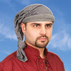 grey striped stretch fabric pirate stocking caps can be worn in a variety of ways