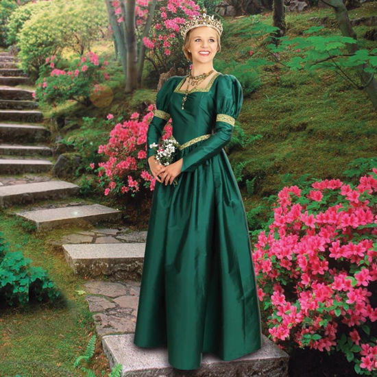 Green Taffeta dress has ballooned shoulders, tight sleeves, a full gathered skirt and gold trim at collar, waist and biceps