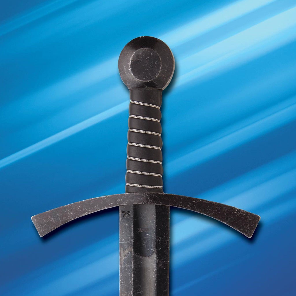 Battlecry Acre Crusader Broadsword in 1065 darkened high carbon steel has cruciform hilt with single-hand grip and disc pommel