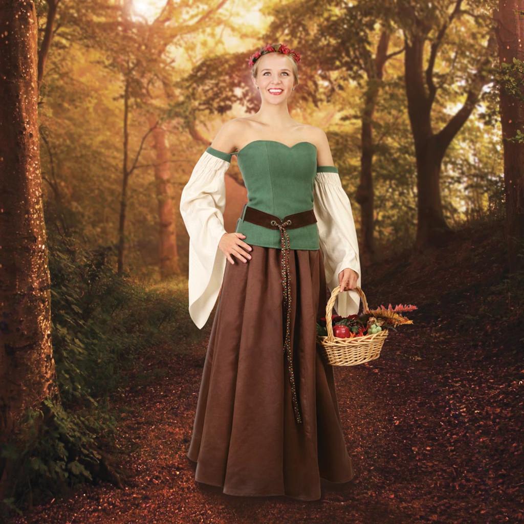 Ladies Forest Gown ensemble with Green Corset, Ivory Sleeves, Brown Skirt and Belt