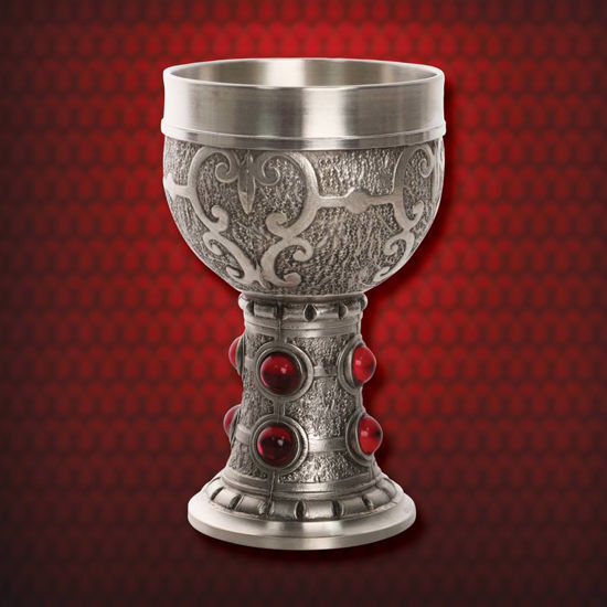 small pewter Rubin Wine chalice has eight blood-red crystal cabochons around the stem, made in Germany