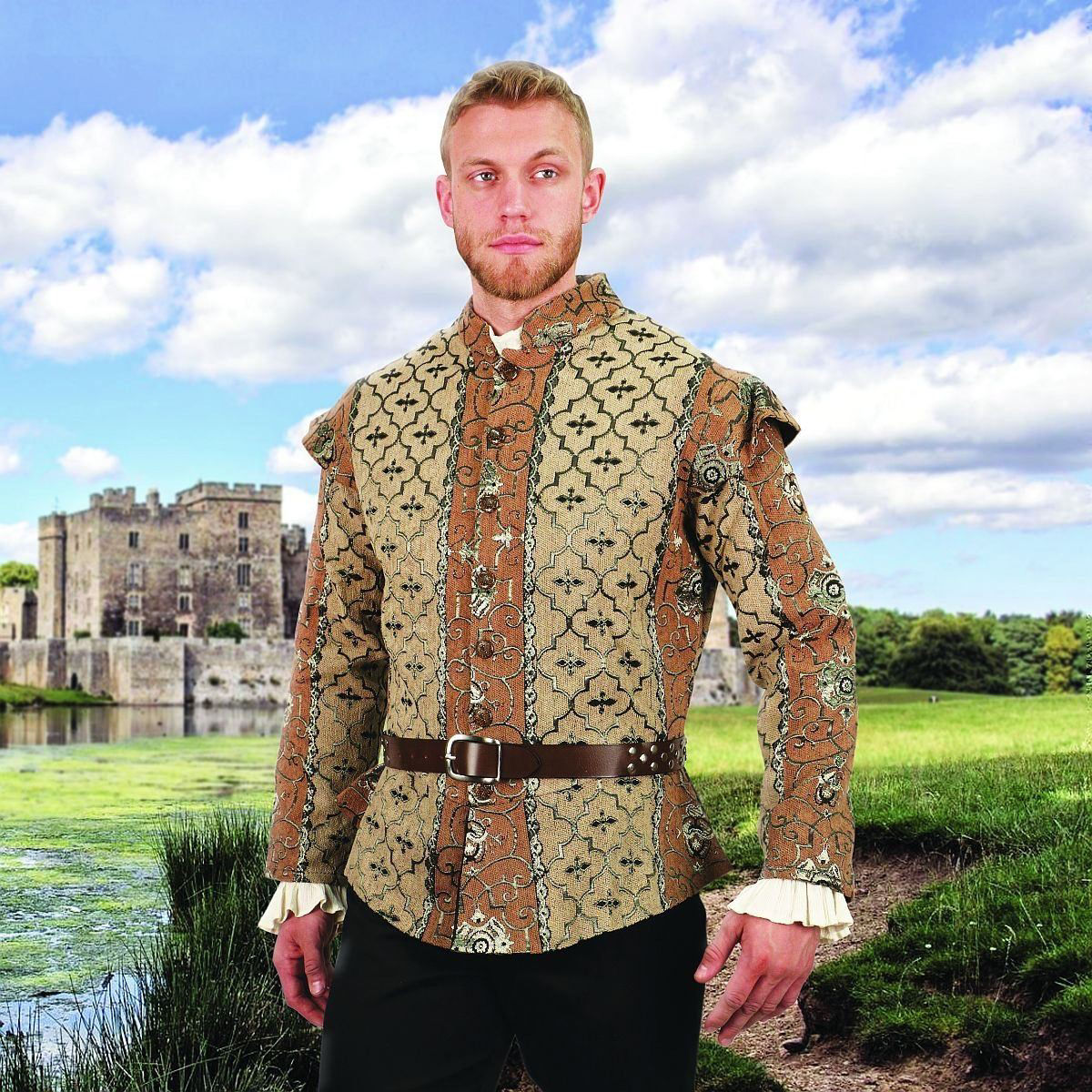 Doublet is heavy cotton golden brocade fabric with cap sleeves and a button front with antiqued buttons