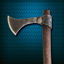 hand-forged, high-carbon steel medieval throwing axe has rustic forge finished blade and curved wooden shaft