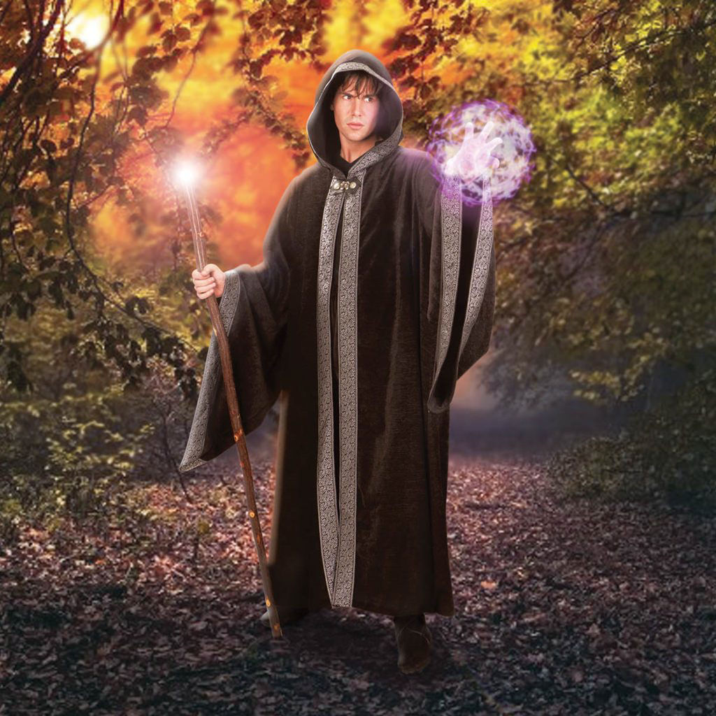 black Sorcerer’s Cloak has a mystical sheen, metallic trim, pointed hood, lined with leather mounted metal clasp