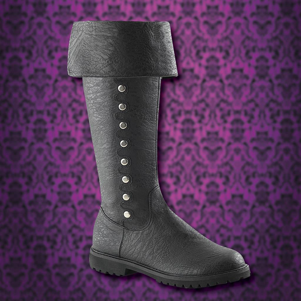 Funtasma black faux leather Gothic boots shown with cuff down, eleven metal buttons on the side, two straps at top