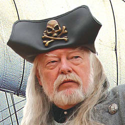 black leather pirate tricorn hat for men and women has antiqued brass jolly roger skull and crossbones on front