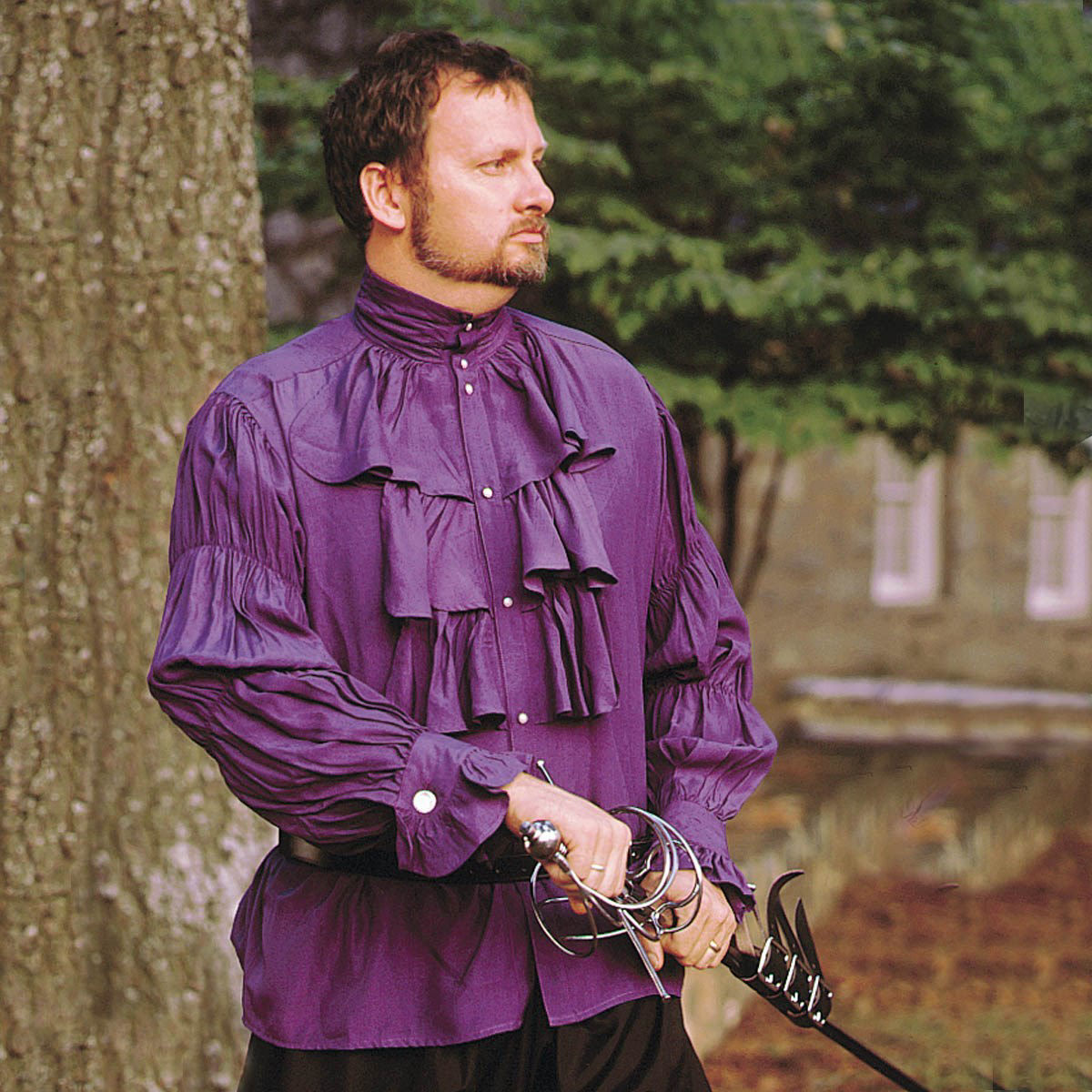 Purple Nobles Renaissance Shirt with ruched collar, three-tiered cascading front ruffle, ruffle sleeves and pearl buttons
