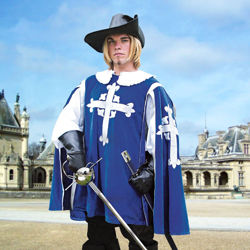 Blue cotton velvet Musketeer Tabard has matching satin lining and embroidered silver crosses with fleur-de-lis on the front and sides