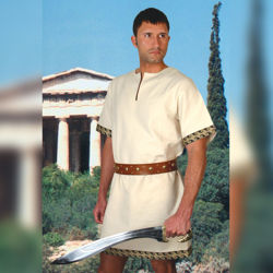 Short cut Greek tunic is 100% woven cotton, short sleeves and bottom are accented with a Greek trim