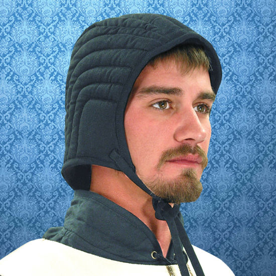 Quilted cotton arming cap stuffed with fiberfill and a tie cord under the chin to keep it secure