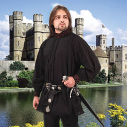 cotton Tudor Renaissance shirt is black with red trim and crosses, can be worn with collar open or closed