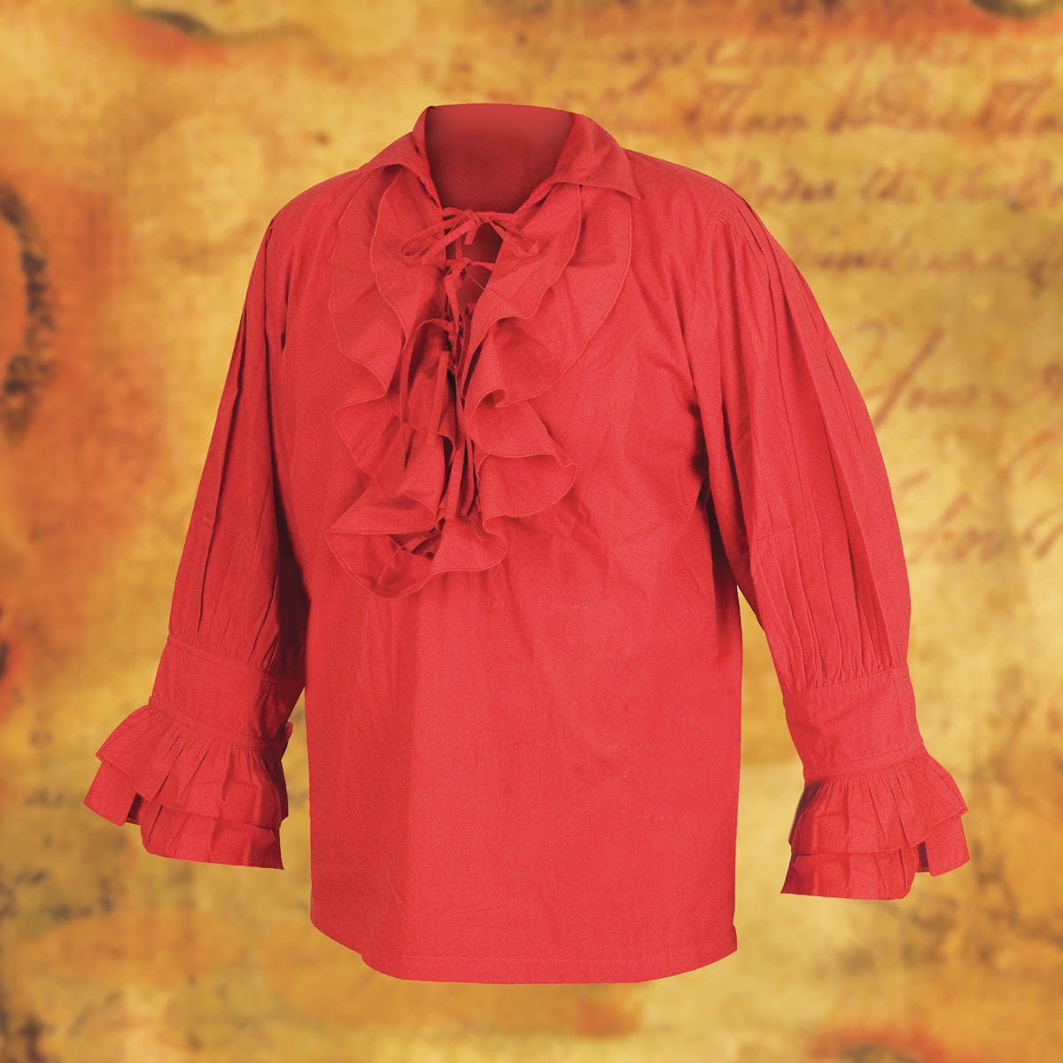 Red Tortuga ruffle front pirate shirt with 6 lace-up ties, gathered shoulders and 2 lace-up ties at the ruffled cuff wrists