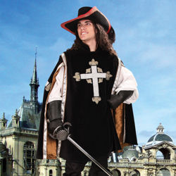 black cotton velvet tabard has deep gold rayon lining and embroidered crosses with fleur-de-lis' on the chest and sleeves
