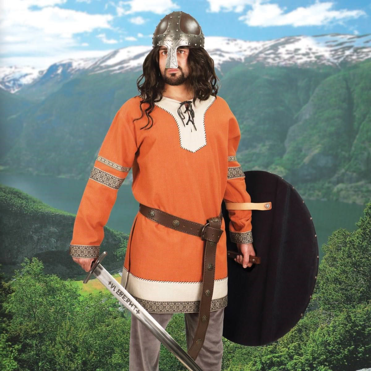 Rust orange woven cotton Viking tunic has lace collar, wide edging at collar and hem, and period trim on the sleeves and hem