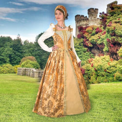 Anjou Elizabethan Brocade Dress has lavish trims, shoulder rolls, waistline with scalloped daggers and elegant lace-up back