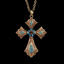 Cross pendant with over 60 faux aquamarine, sapphire, and topaz crystals on adjustable gold metal chain with a clasp