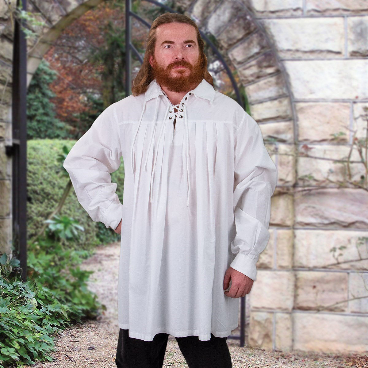White Men's Elizabethan Renaissance swordsman shirt has a fitted, narrow cuff with lace closure, 100% cotton