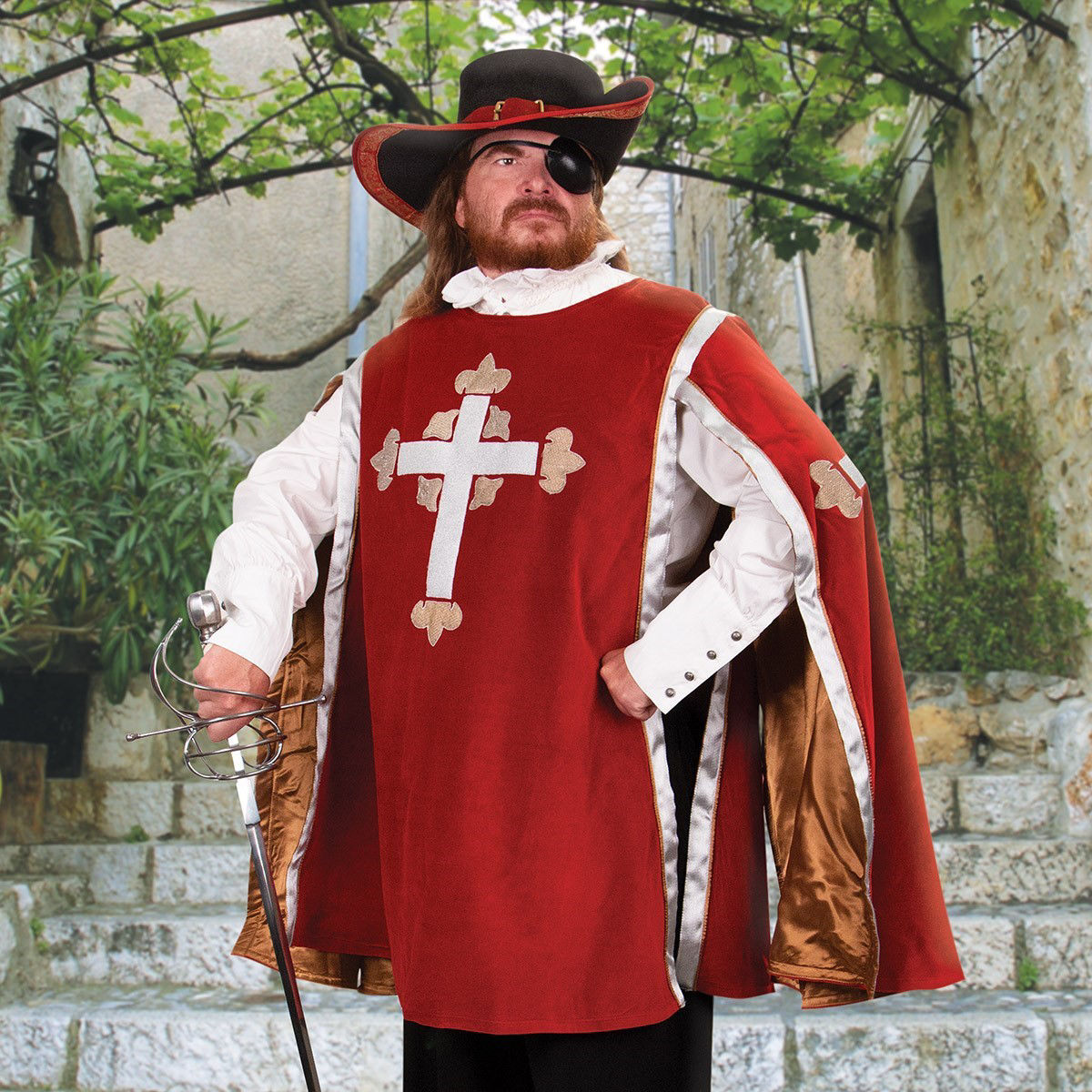 Red cotton velvet Tabard has antique gold rayon lining and embroidered crosses with fleur-de-lis on chest and sleeves