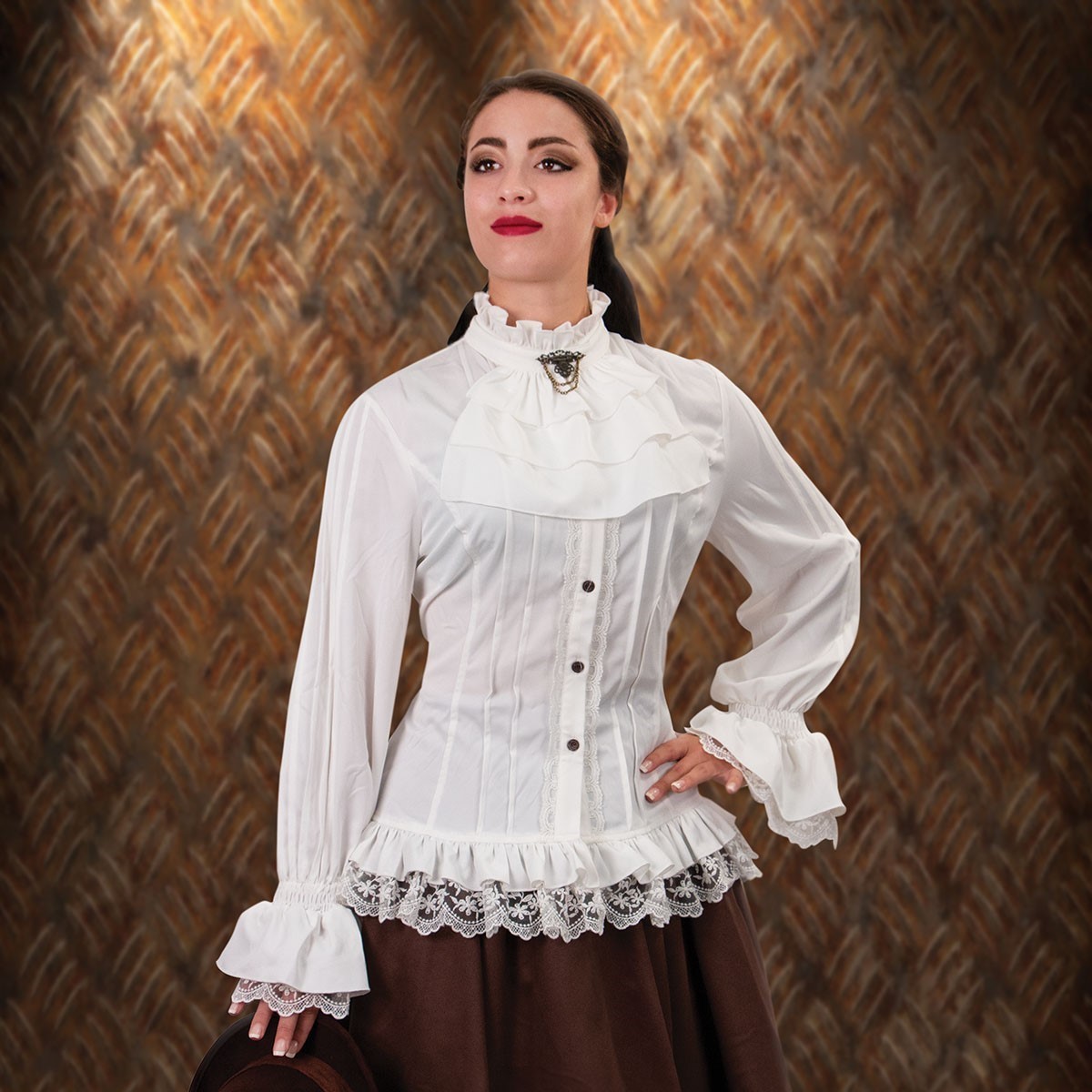 Lace and Ruffle High Collar Fitted Steampunk White Blouse