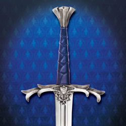 Windlass Excalibur two-handed sword has high-carbon steel blade, antique finish on metal fittings, blue leather grip