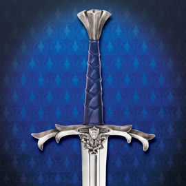 Windlass Excalibur two-handed sword has high-carbon steel blade, antique finish on metal fittings, blue leather grip