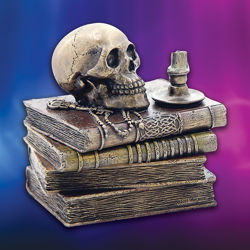 Wizard's Study Trinket Box in cold-cast resin has books, candle skull, and key in an antique bronze finish