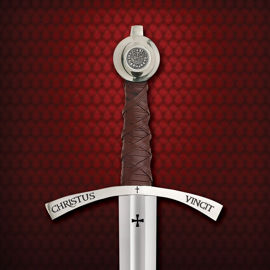 Engraved crossguard of Faithkeeper Sword with ~Christus Vincit ~ Christ Conquers