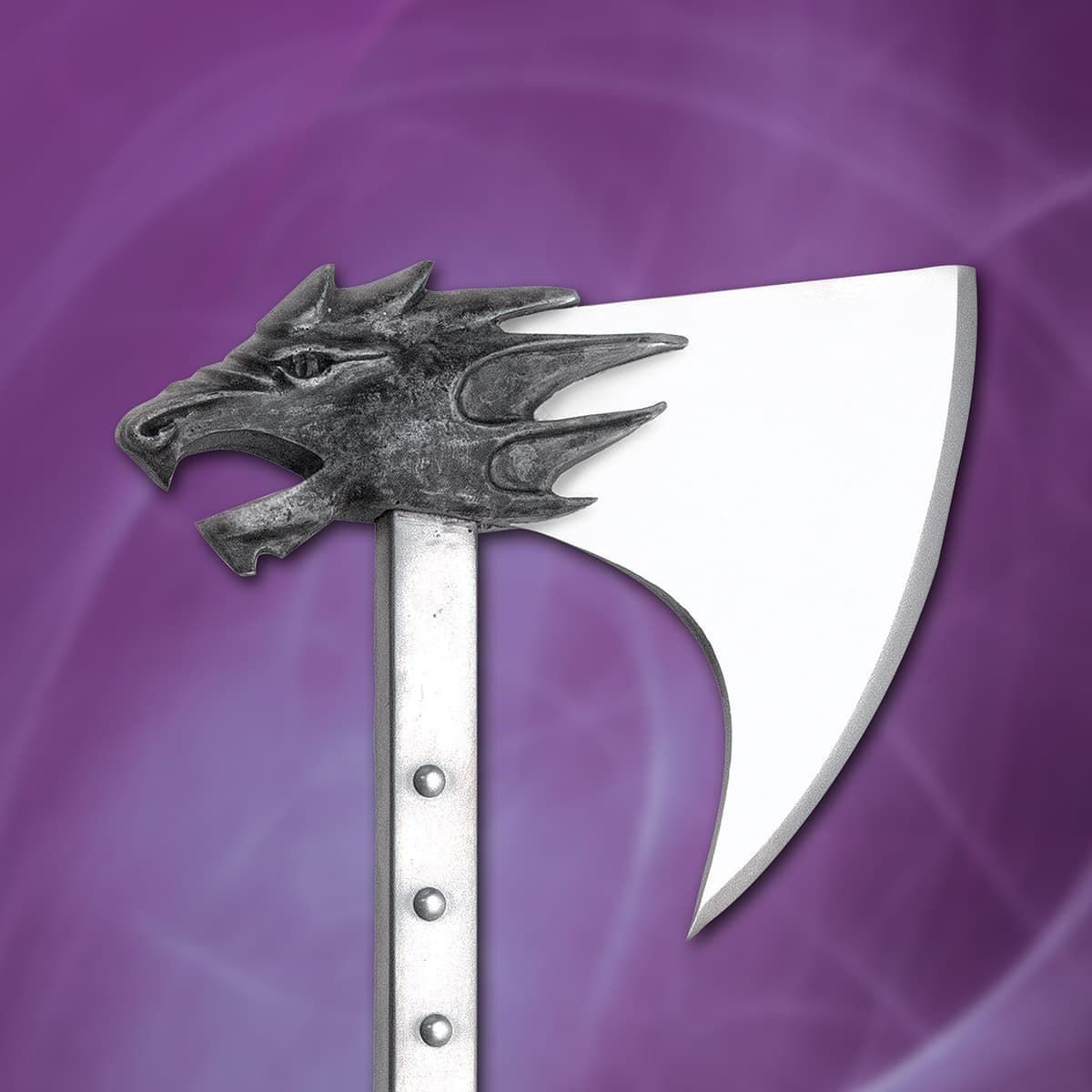 The Beast Axe has a steel shaft and a dragon head on the back of the sharpened high carbon steel axe head