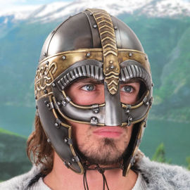 Norseman helmet by Windlass Steelcrafts is the Gjermundbu type and made of 18 gauge steel and brass. Features opulent details.