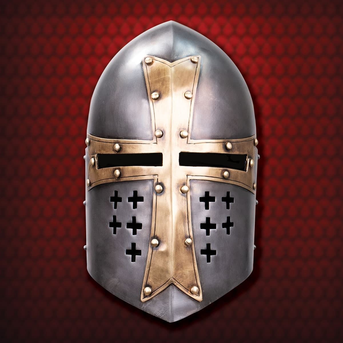 Medieval Knight Armor Crusader Templar Sugarloaf Helmet Great Helm Brass Cross 