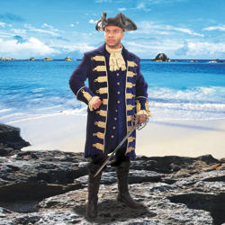 blue cotton velvet pirate jacket with brocade trim around decorative buttons on open front and cuffs, rope trim lines the edges