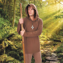 Brown Cotton Bandit Hooded Shirt with hood up