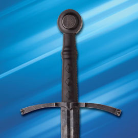 Battlecry Agincourt hand-and-half war sword with sharpened, darkened 1065 high carbon steel blade with an extra-wide tang