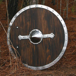  Brown Wooden Round Viking Shield with Steel Boss, Steel Decorative Strips and Steel Rim