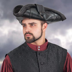 Black Leather Pirate King Tricorn Hat