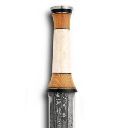 Bone and Wood Hilt of Double Edged Damascus Short Sword