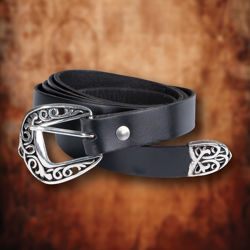 Feudal Long Thin Black Leather Belt with ornate silver buckle and tongue