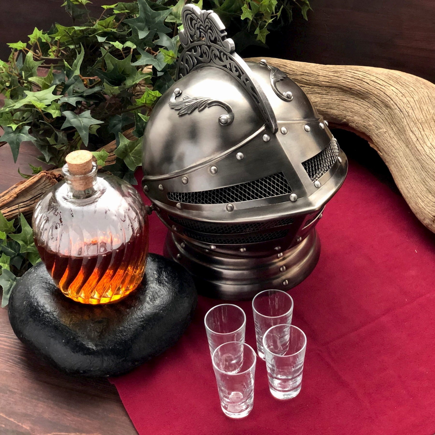 Knightly Helm Decanter Set with Glass Carafe and Shot Glasses