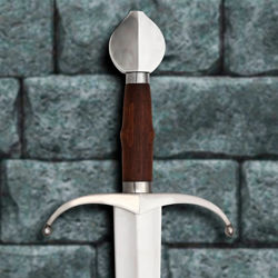 Joinville medieval sword has sharp, high carbon steel blade, steel guard and pommel and stained hardwood grip