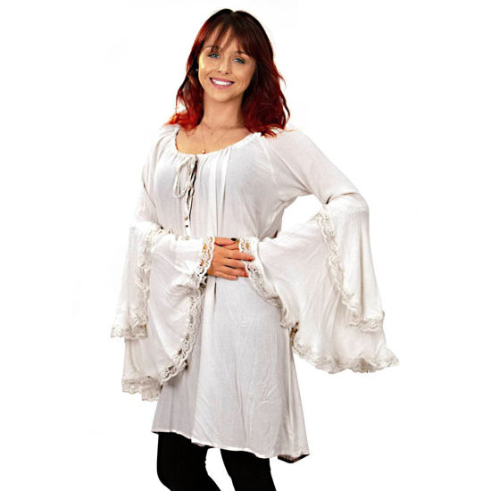 Natural Gauze Renaissance Gypsy Shirt with Lace Trimmed Bell Sleeves