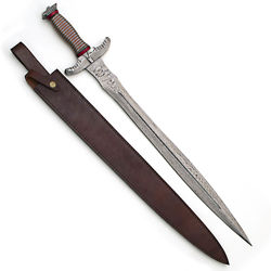 Dragon Piercer All Damascus Fantasy Sword with Leather Scabbard