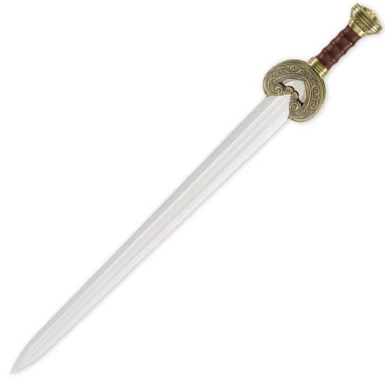 LOTR Herrugrim Sword of King Theoden of Rohan has antiqued brass plated crossguard with an opposing horse head design 