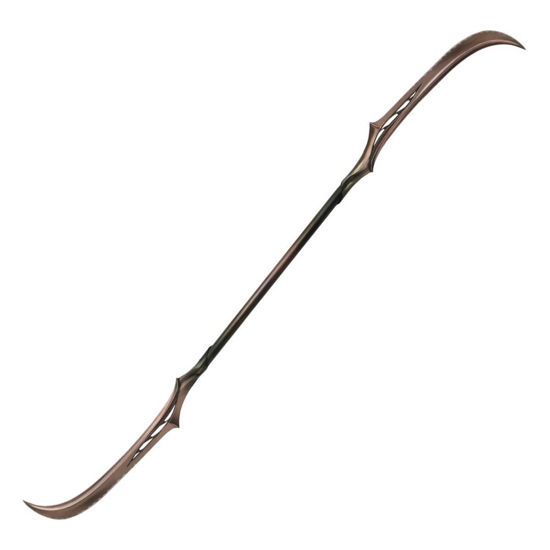 Replica Mirkwood Double-Bladed Polearm from The Hobbit with wood shaft and curved Elven blades forged of bronze-finished cast stainless steel