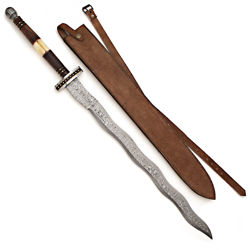 Serpent's Tongue Damascus Sword with leather scabbard, shoulder strap and retaining strap