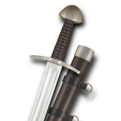 Practical Norman Sword with  re-enactment safe, 1566 carbon steel blade, mushroom pommel, leather grip and scabbard