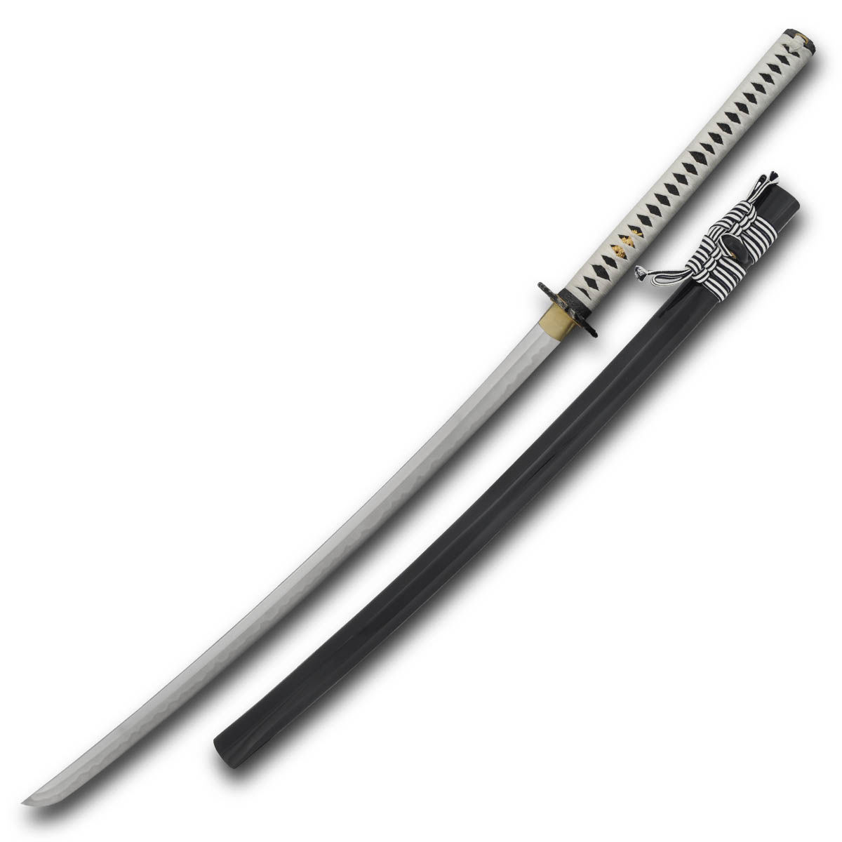 Koi Katana has hand-forged T10 high-carbon steel blade and black lacquered saya with black and white striped cotton sageo